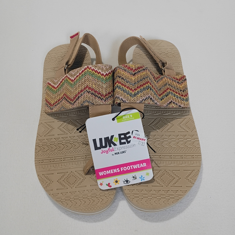 NWT MUK LUKS Luk EE Tan Aztec Pattern Adjustable Slingback Sandals Size 9
